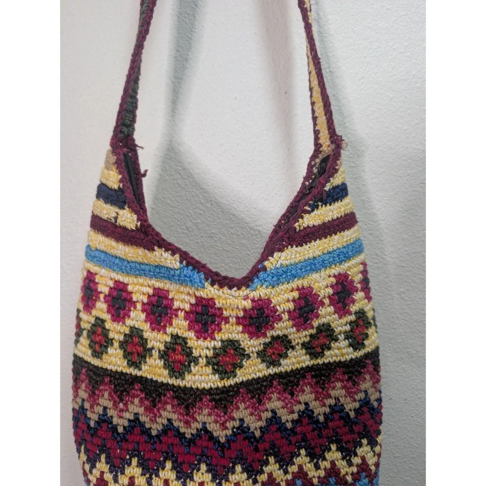 Vintage Crochet Bucket Bag Boho Indie Festival Hippie Shoulder Crossbody Purse
